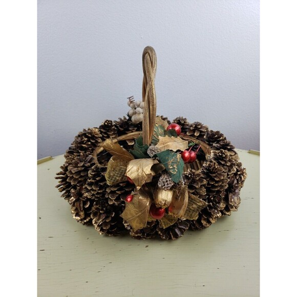 Homemade Gold Pine cone real wood twig bottom basket.